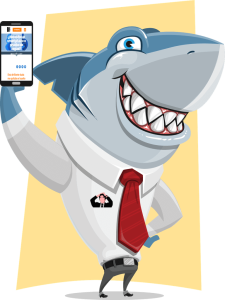 Un tiburón vestido de empleado comercial presentando un smartphone
