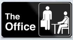 Logotipo del programa de televisión de The Office, letrero de estaño con estampado de Meta