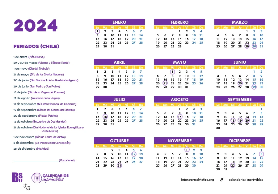 Calendario 2024 con los feriados en Chile