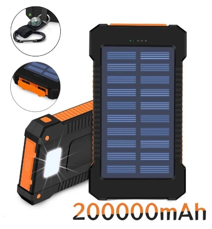 Banco de energía Solar portátil para exteriores, batería externa de gran capacidad con cordón, brújula, 200000mAh