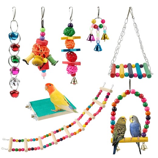 Comius Sharp Accesorios para Jaulas de Pájaros, 8 Piezas juguetes Coloridos y masticables para Aves y Loros