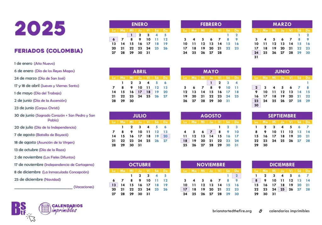 Calendario 2025 con los feriados en Colombia