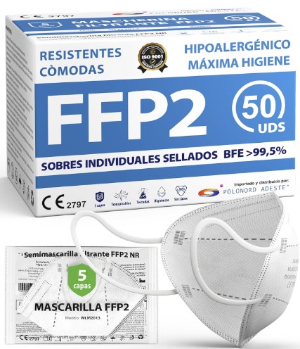 ADESTE – 50 Mascarillas FFP2 Blancas con Certificado CE, cadena controlada, elásticos cómodos, hipoalergénicos y regulables