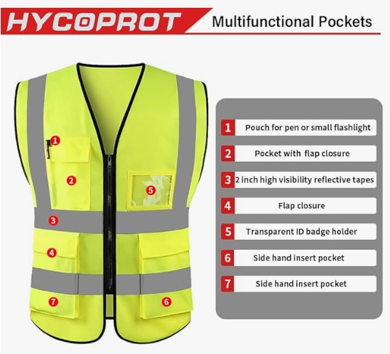 HYCOPROT Chaleco de Seguridad Reflectante Alta Visibilidad Ropa de Trabajo Gerente Ejecutivo Chaqueta de Chaleco Cremallera Brace Seguridad Teléfono Móvil Titular de Id de Bolsillo