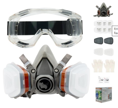 RHINO Smart Solutions Respirador Mascarilla Pintura, Polvo y Gases Orgánicos A1 | Mascara de Proteccion RH-M101 Reutilizable Antipolvo con Gafas de Proteccion, Guantes y Filtro de Carbon Activo