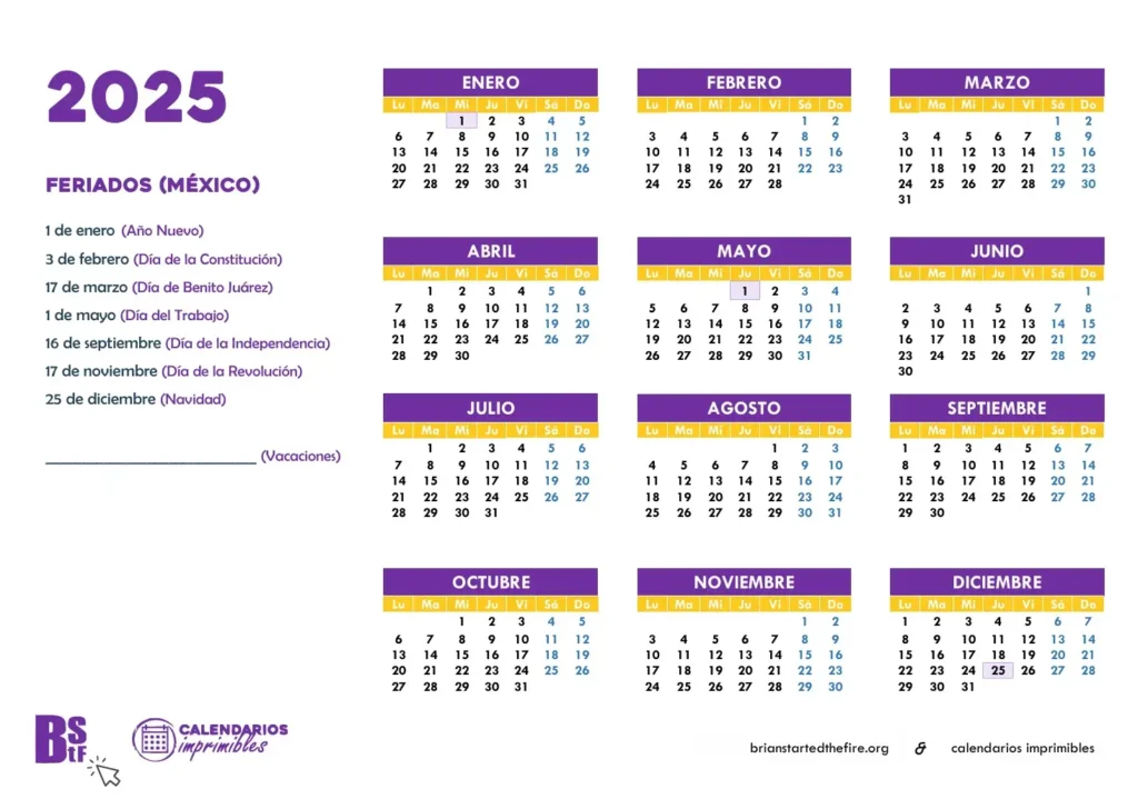 Calendario 2025 con los feriados en México