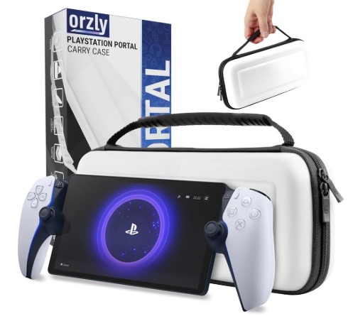 Orzly Estuche de Transporte para Reproductor Remoto Playstation Portal, Accesorios para Consola PS5, protección para Viajes y Almacenamiento, Cargador de Auriculares Blanco/Negro - Edición de Regalo