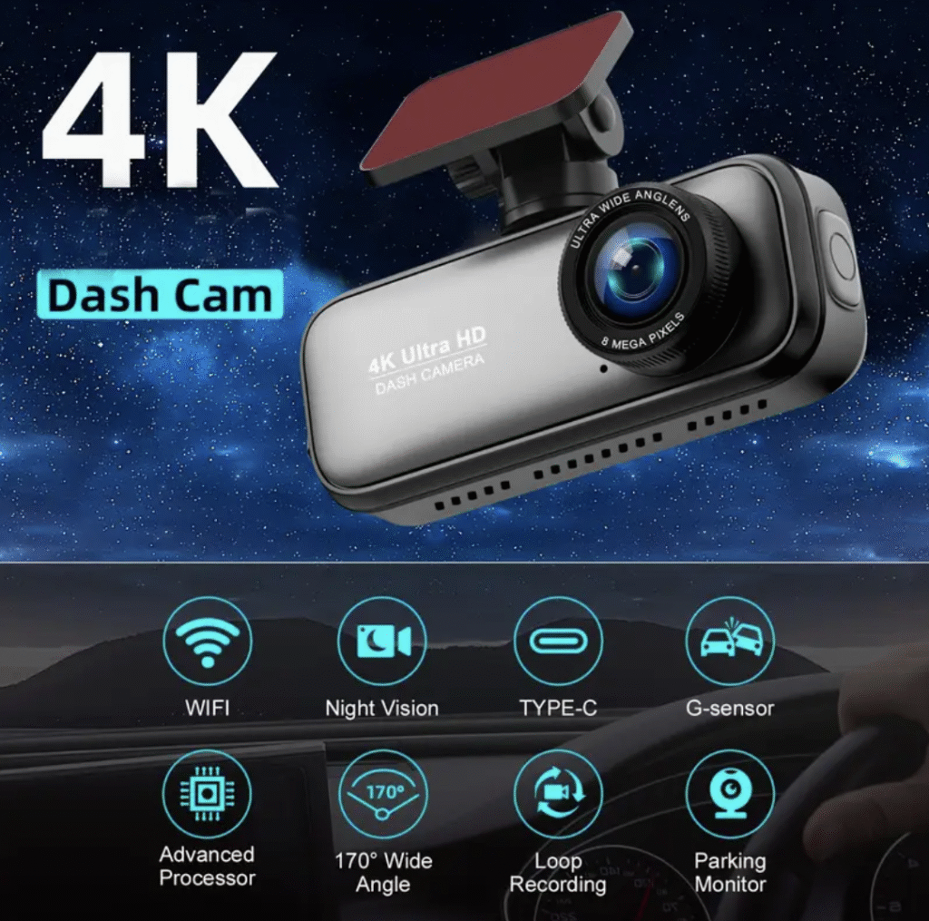 Dash Cam Frontal 4K, Cámara de Coche Ultra HD con Pantalla IPS de 5.0 cm, Control por APP, Wi-Fi Integrado y Sensor G, Ángulo Amplio de 170°, Monitorización de Estacionamiento 24H, Visión Nocturna, WDR, Grabación en Bucle, Compatible con Tarjeta SD hasta 256GB