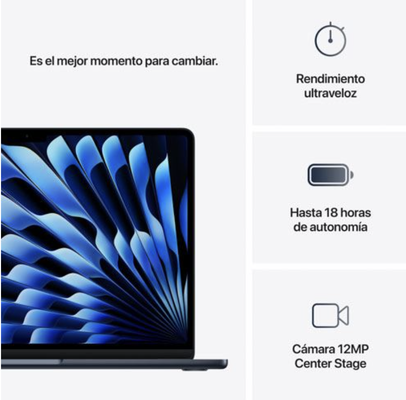 Apple MacBook Air 13,6" M4 CPU 10, GPU 8, 16GB RAM, 256GB SSD, Medianoche