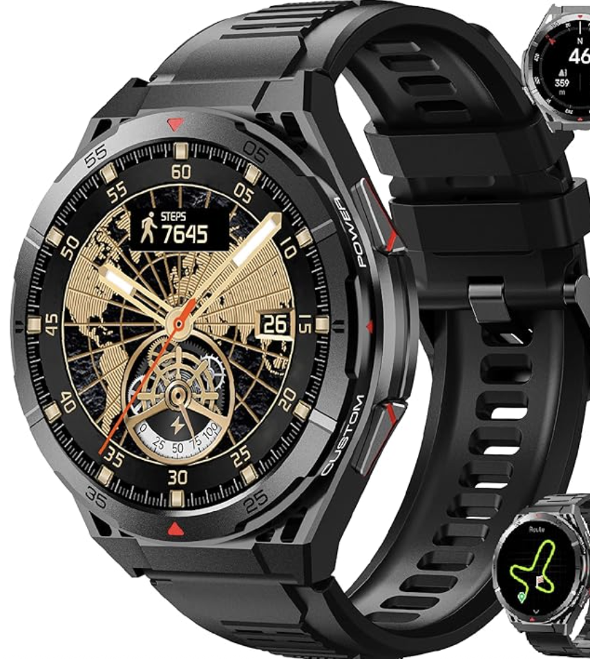GPS Reloj Inteligente Hombre Con 560 mAh/1.43'' Amoled Display/2 Correas/150+ Deportivos Militar Smartwatch, 5ATM,Kompass/Barometerdruck/Höhenmesser, 24H Pulsómetro/SpO2/Sueño Actividad Android iOS