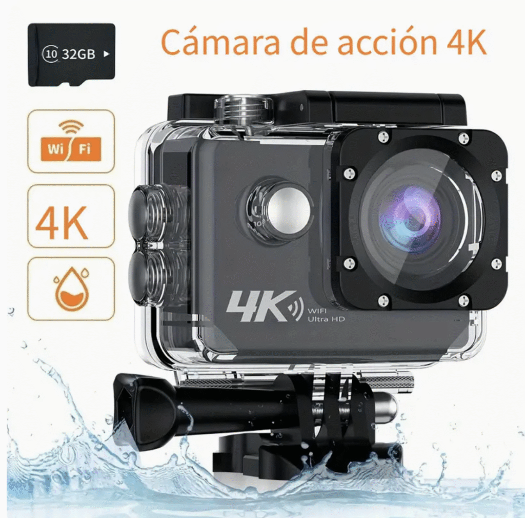 Ourlife Cámara de Acción Impermeable 4K Ultra HD con WiFi, Tarjeta de Memoria de 32GB Incluida, Cámara Deportiva Subacuática Transparente, Zoom Digital, Enfoque Automático