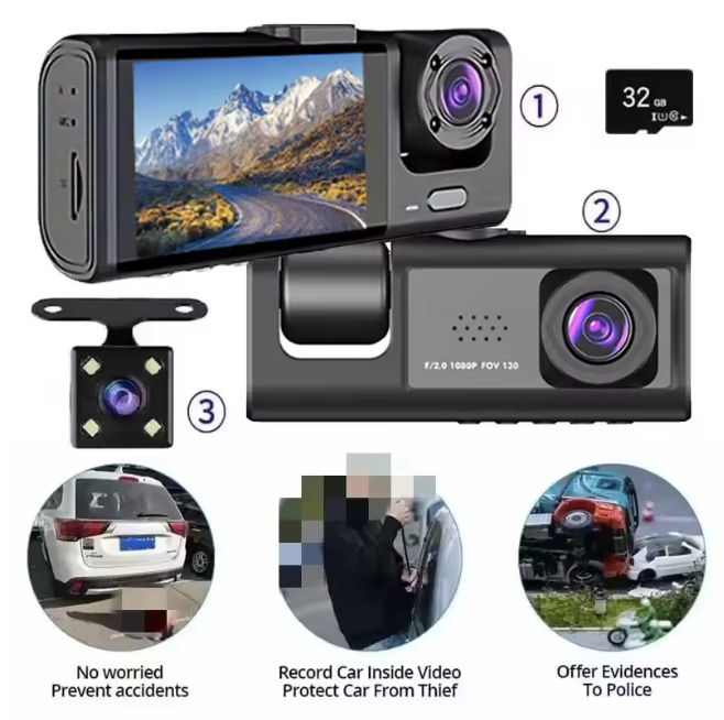 Cámara de salpicadero con grabación en bucle de visión nocturna IR y pantalla IPS de 2 ", 1080P, 3 cámaras, grabadora DVR, grabadora de vídeo, DVR para vehículo