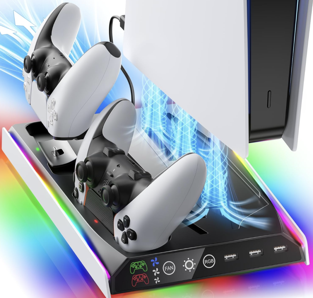 Soporte Delgado para PS5/PS5 con Ventilador de Refrigeración Ajustable, Soporte de Cargador de Refrigeración Vertical PS5 para PS5/PS5 Slim, Estación de Refrigeración Delgada Multifuncional
